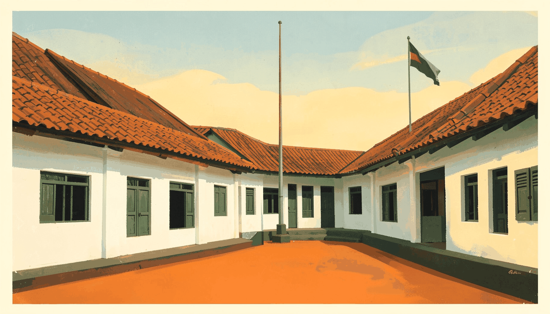 A matte gouache poster painting of a quiet Indonesian school courtyard with whitewashed walls, terracotta roof tiles, and dappled shade from a large tree, warm cream and soft green tones