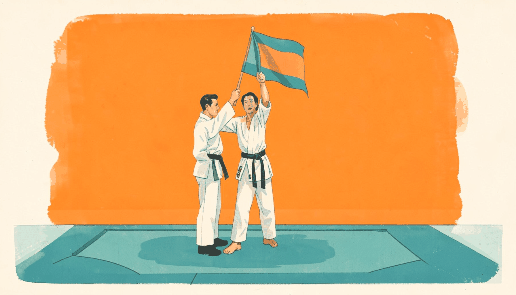 Matte gouache poster of a karate referee raising a flag on a competition mat, soft cream background with teal accents