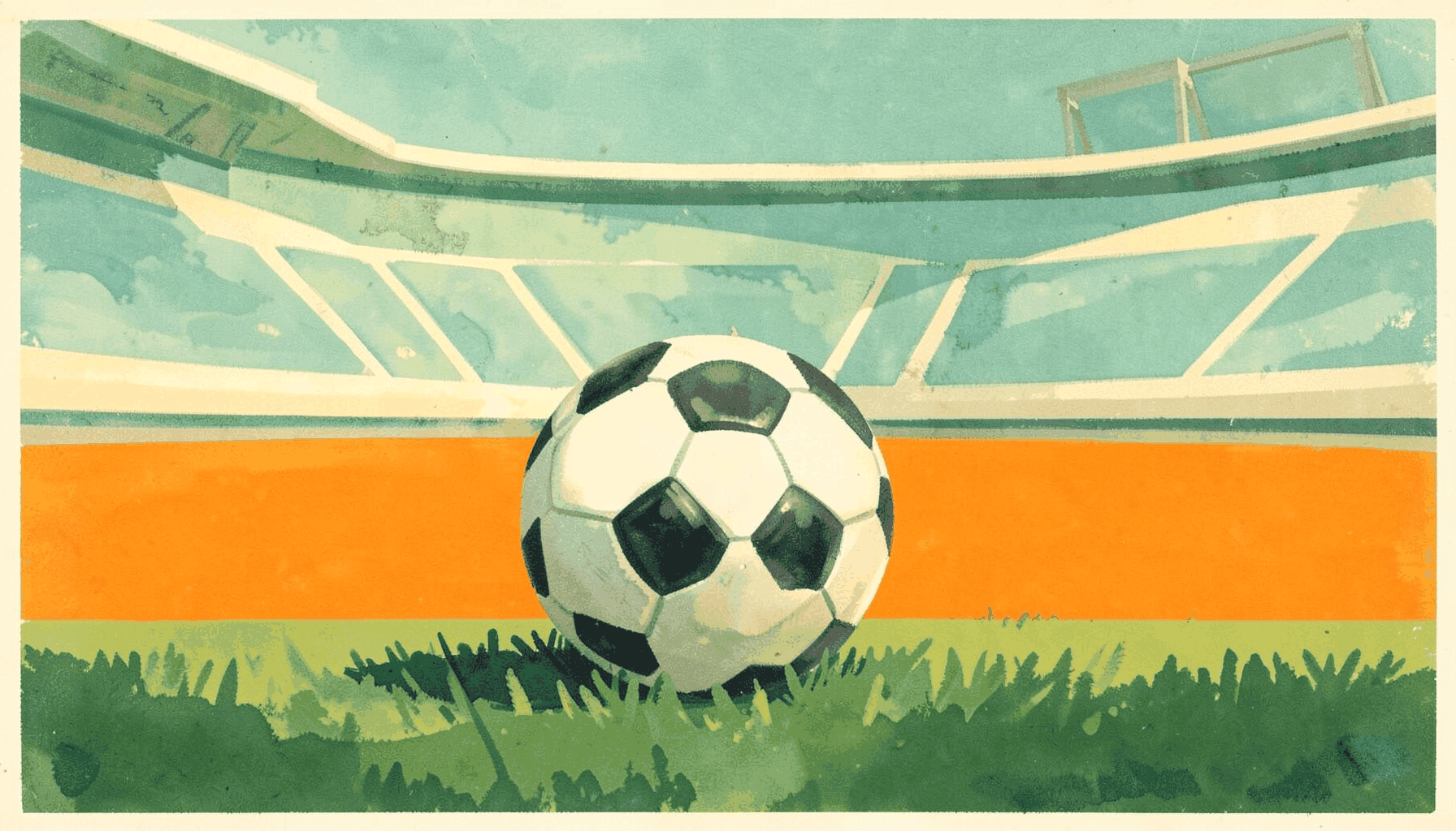 Matte gouache poster of a soccer ball resting on green grass with stadium seating in soft teal and cream tones behind