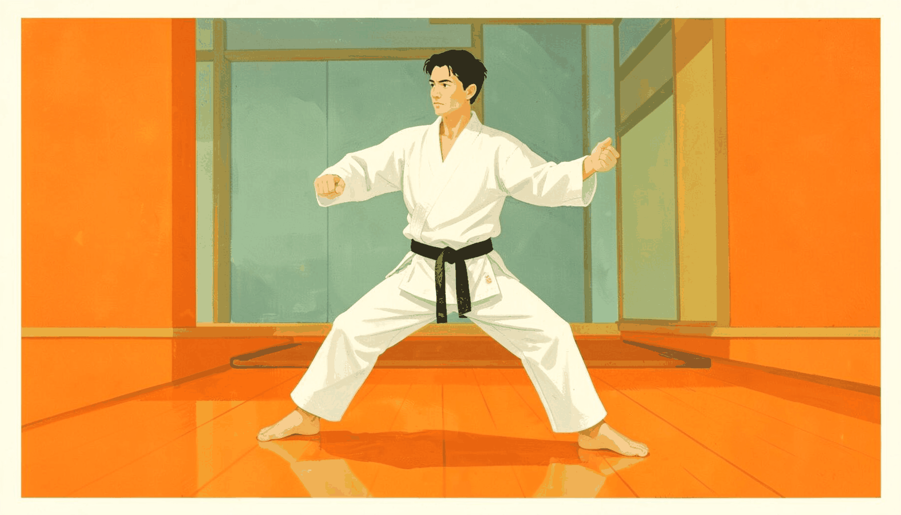 A matte gouache poster painting of a karate athlete in a white gi mid-kata on a polished wooden floor, warm amber and cream tones