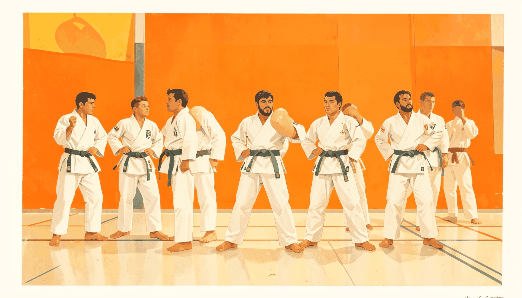 Matte gouache poster of young karate athletes lined up on a gymnasium floor, white gis against warm beige and cream tones