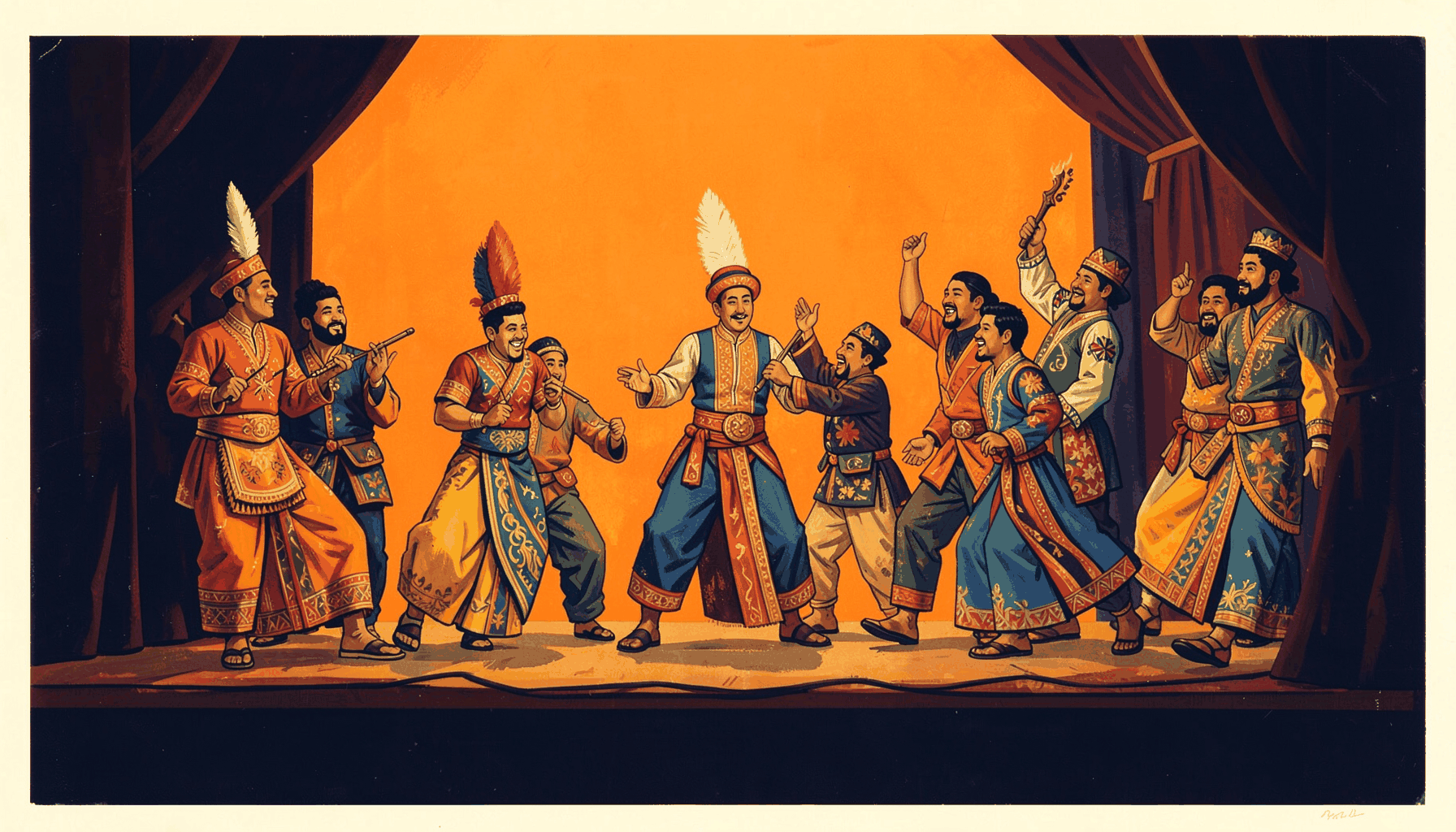 A matte gouache poster painting of a Ludruk stage scene with performers in colorful traditional Javanese costumes, warm amber and teal tones
