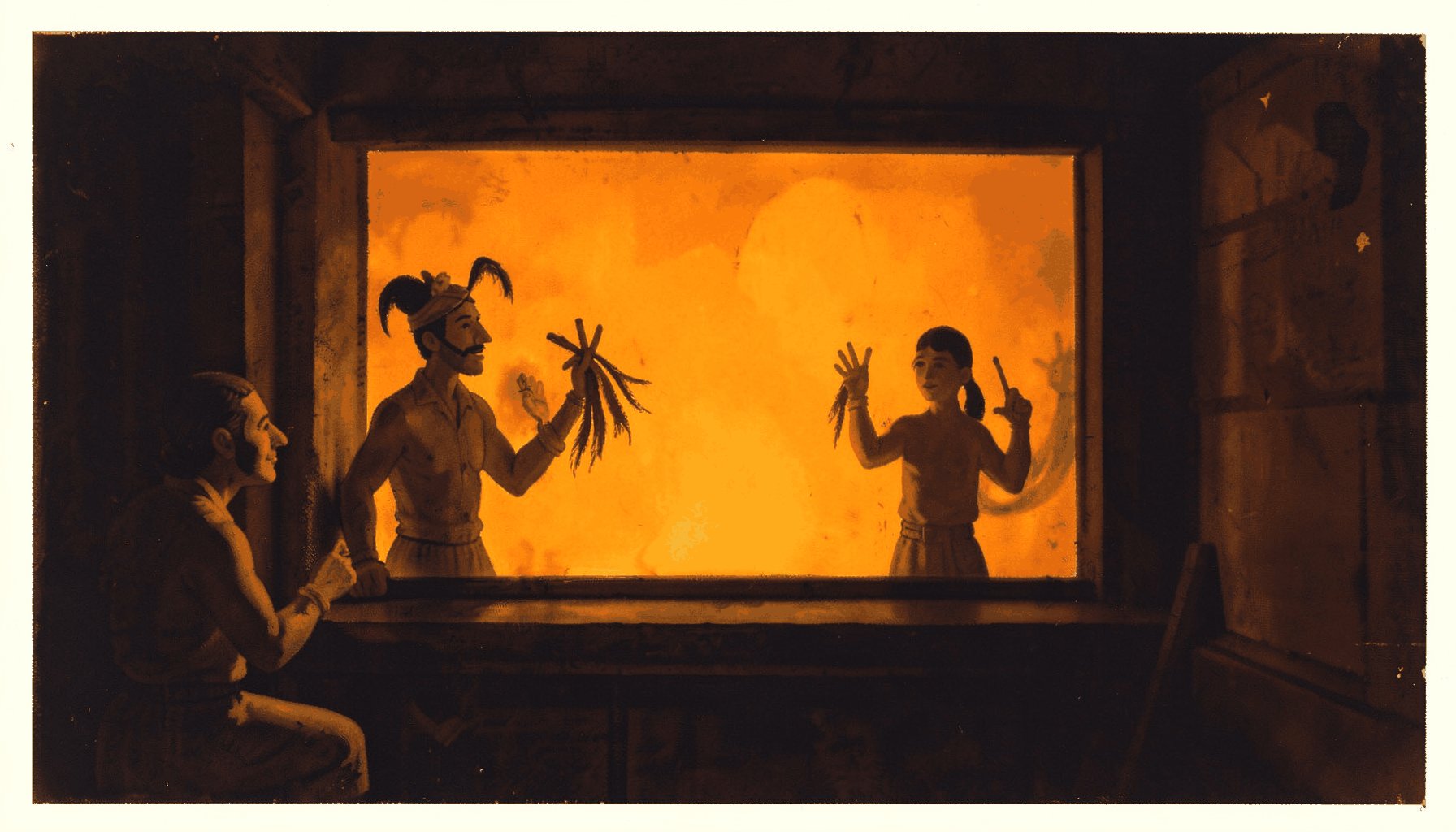 A matte gouache poster painting of Wayang Jombangan shadow puppets against a glowing screen, rich ochre and dark brown hues