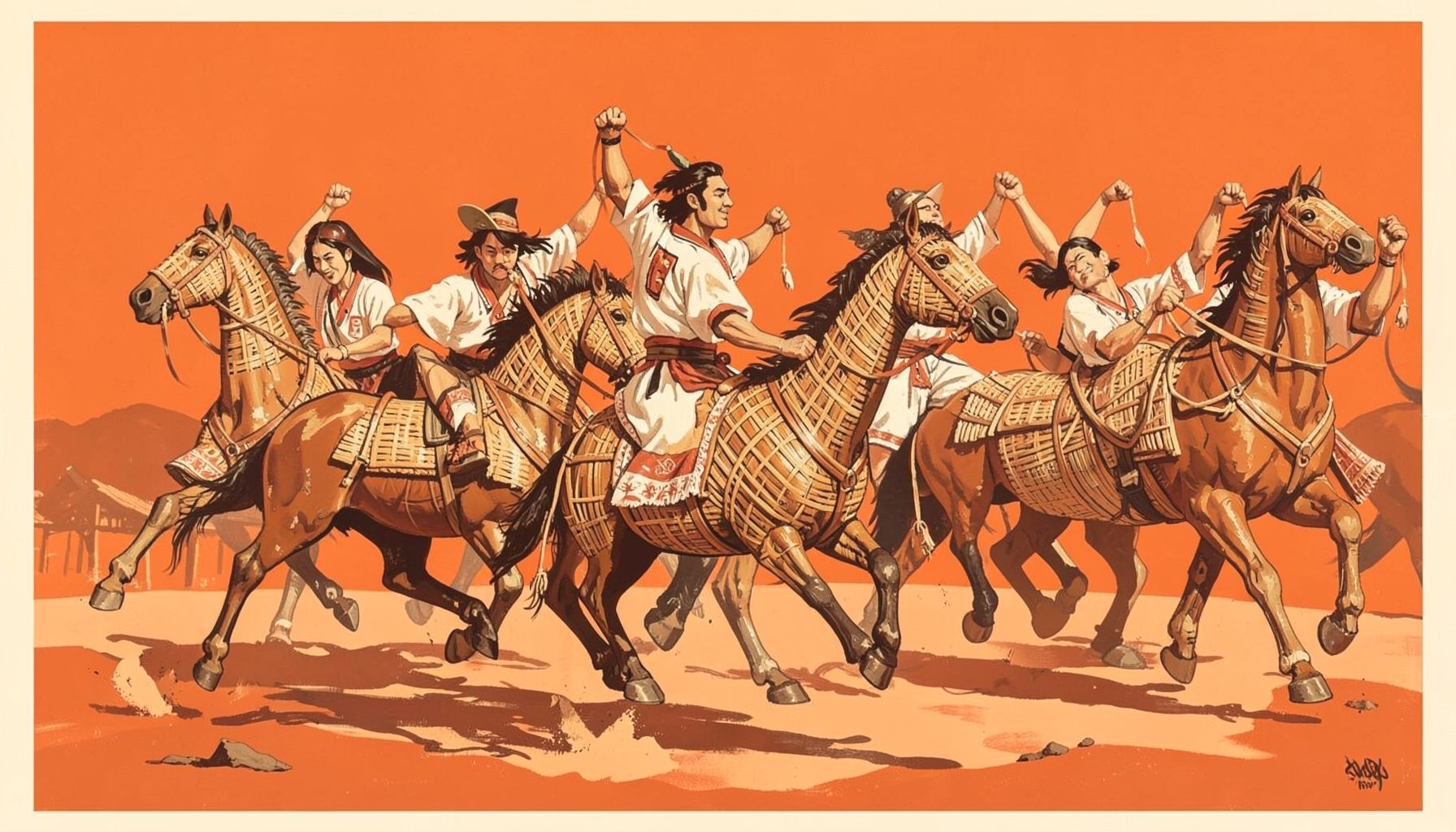 A matte gouache poster painting of Jatilan dancers in motion with woven bamboo horses, earthy terracotta and cream tones