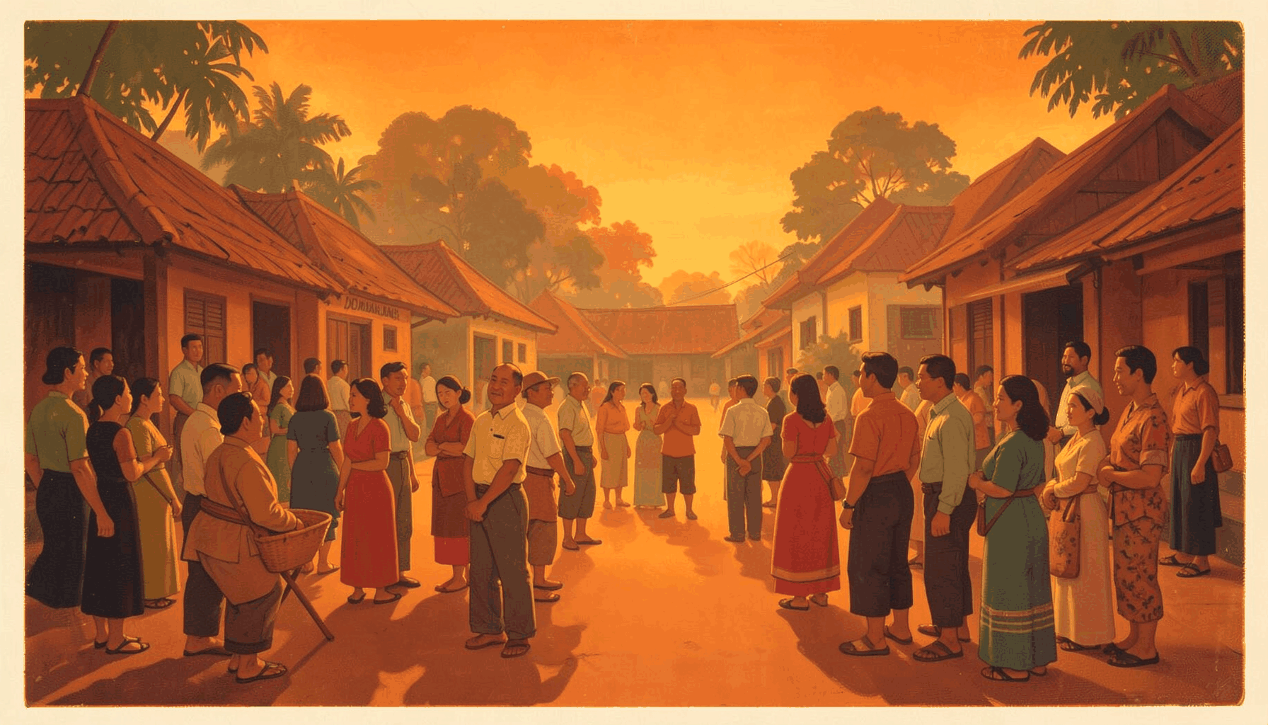 A matte gouache poster painting of a Jombang community gathering at dusk, soft golden light spilling across a village square