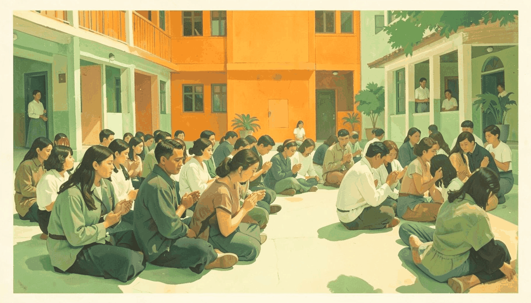 A matte gouache poster painting of students sitting in quiet prayer rows inside a school courtyard, soft green and ivory tones