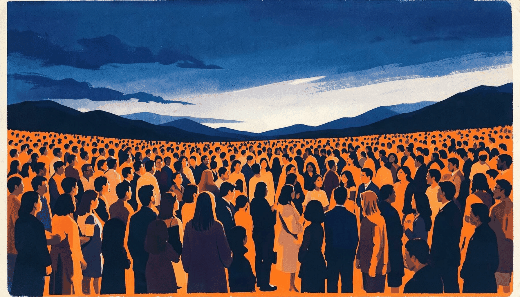 A matte gouache poster painting of a large outdoor sholawat gathering under evening sky, deep blue and warm white accents