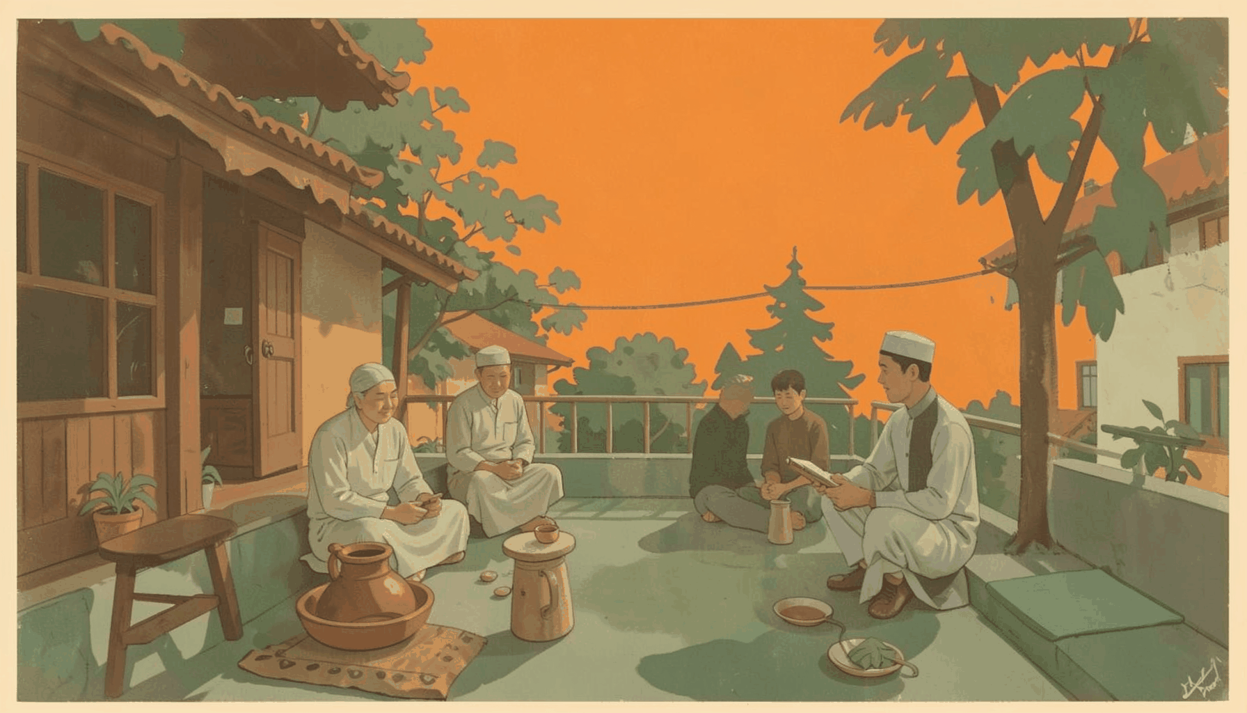 A matte gouache poster painting of a modest neighborhood pengajian circle on a veranda, soft brown and sage green palette