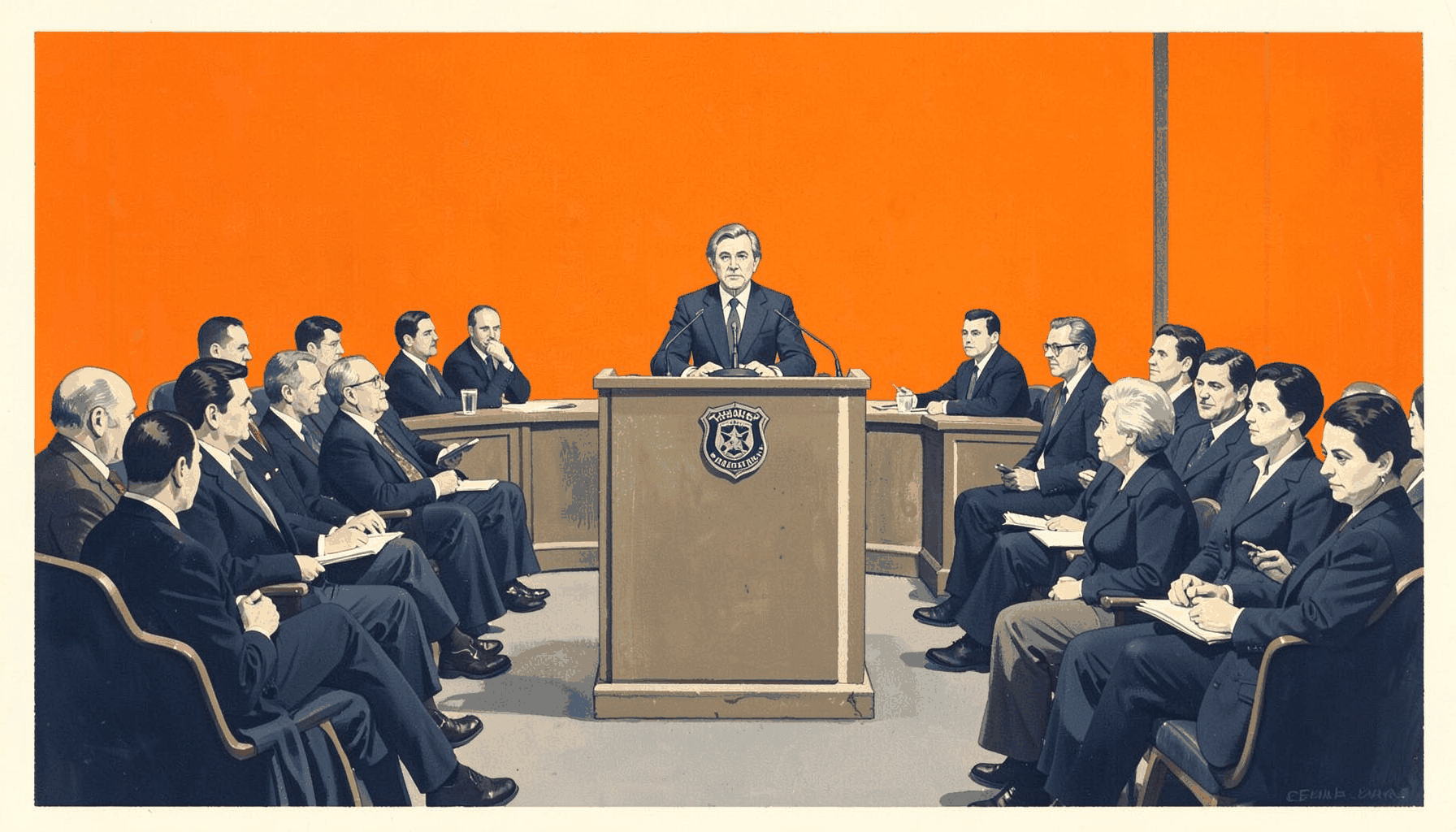 A matte gouache poster painting of a press conference room with a podium bearing a police emblem, muted navy and cream tones, calm and official atmosphere