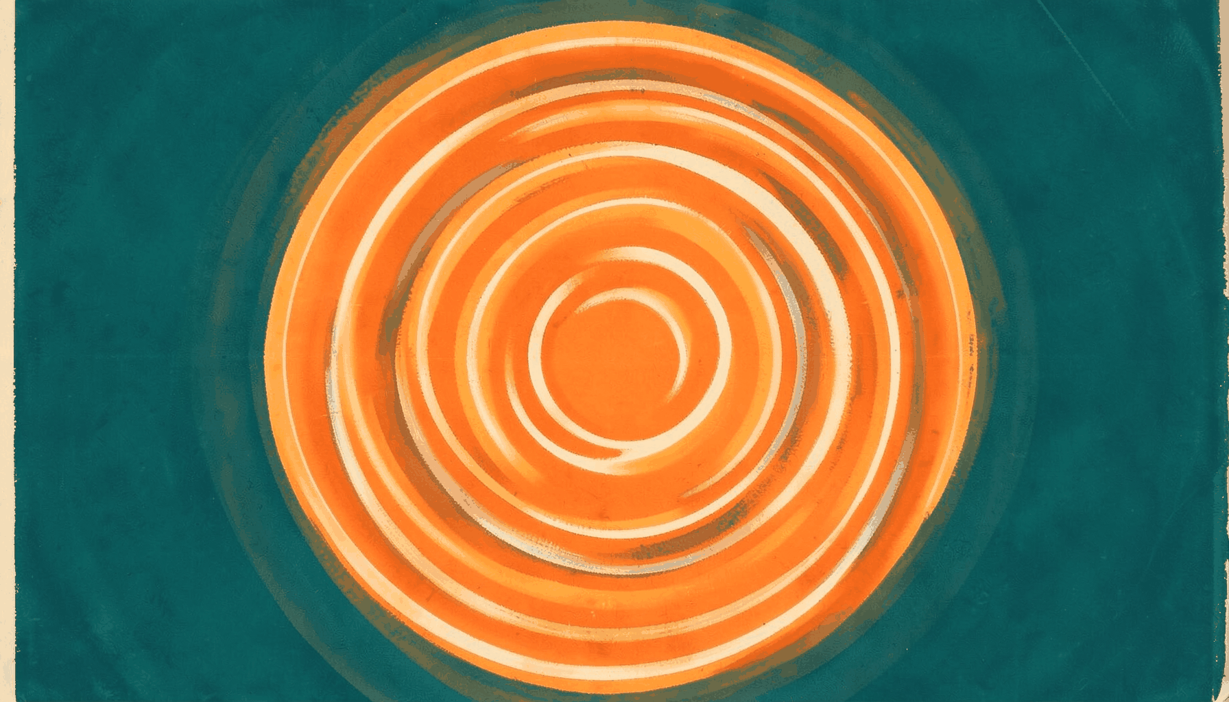 A warm matte gouache poster painting of sound waves radiating outward in concentric rings, set against a deep teal background
