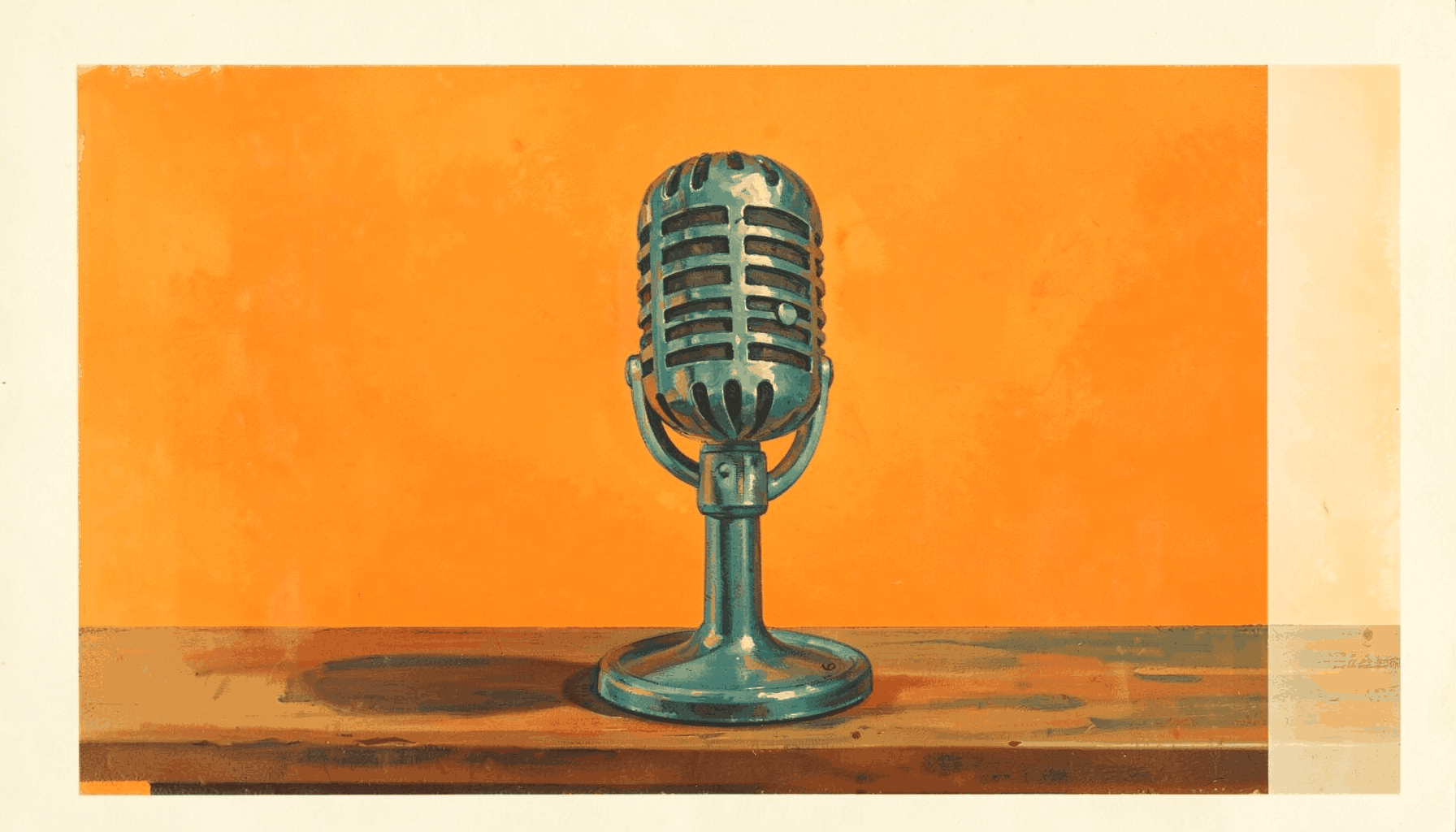 A matte gouache poster painting of a vintage studio microphone on a wooden desk, warm amber and teal tones, soft cream background