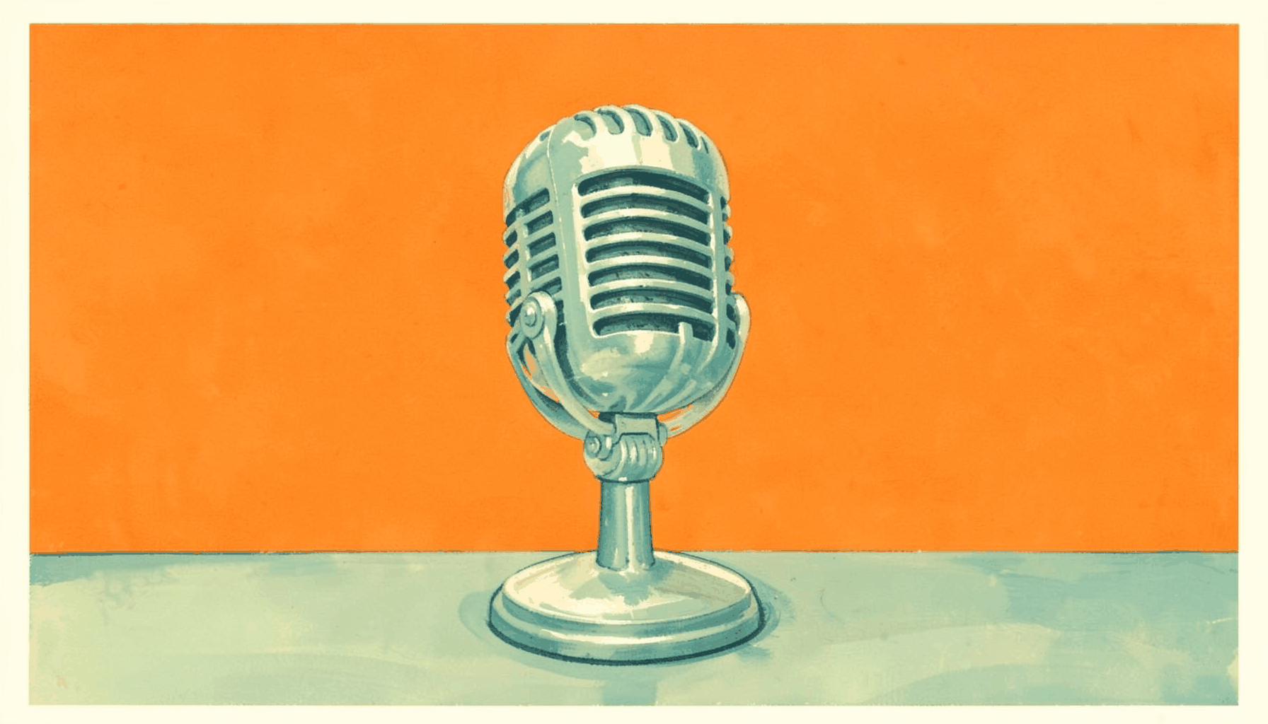 A warm matte gouache poster painting of a vintage radio microphone on a desk, with soft cream and teal tones, evoking a calm broadcast studio atmosphere