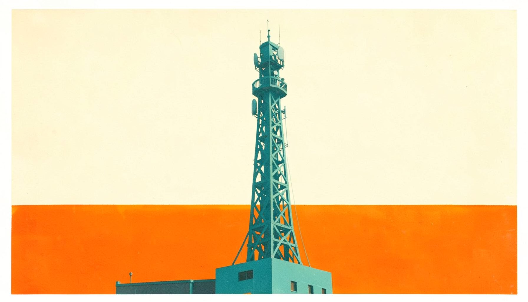 Matte gouache poster of a teal radio broadcast tower against a warm cream sky, calm and community-minded mood